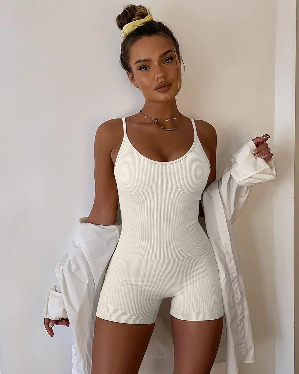 Women Workout Seamless Jumpsuit Yoga Ribbed Bodycon One Piece Spaghetti Strap Shorts Romper