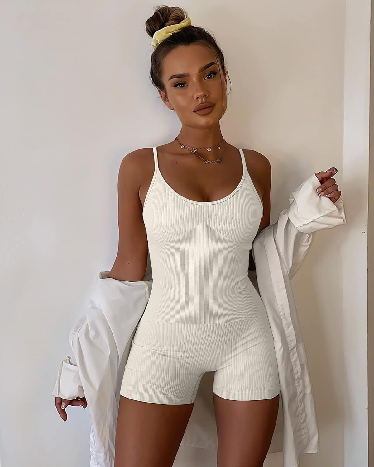 Women Workout Seamless Jumpsuit Yoga Ribbed Bodycon One Piece Spaghetti Strap Shorts Romper