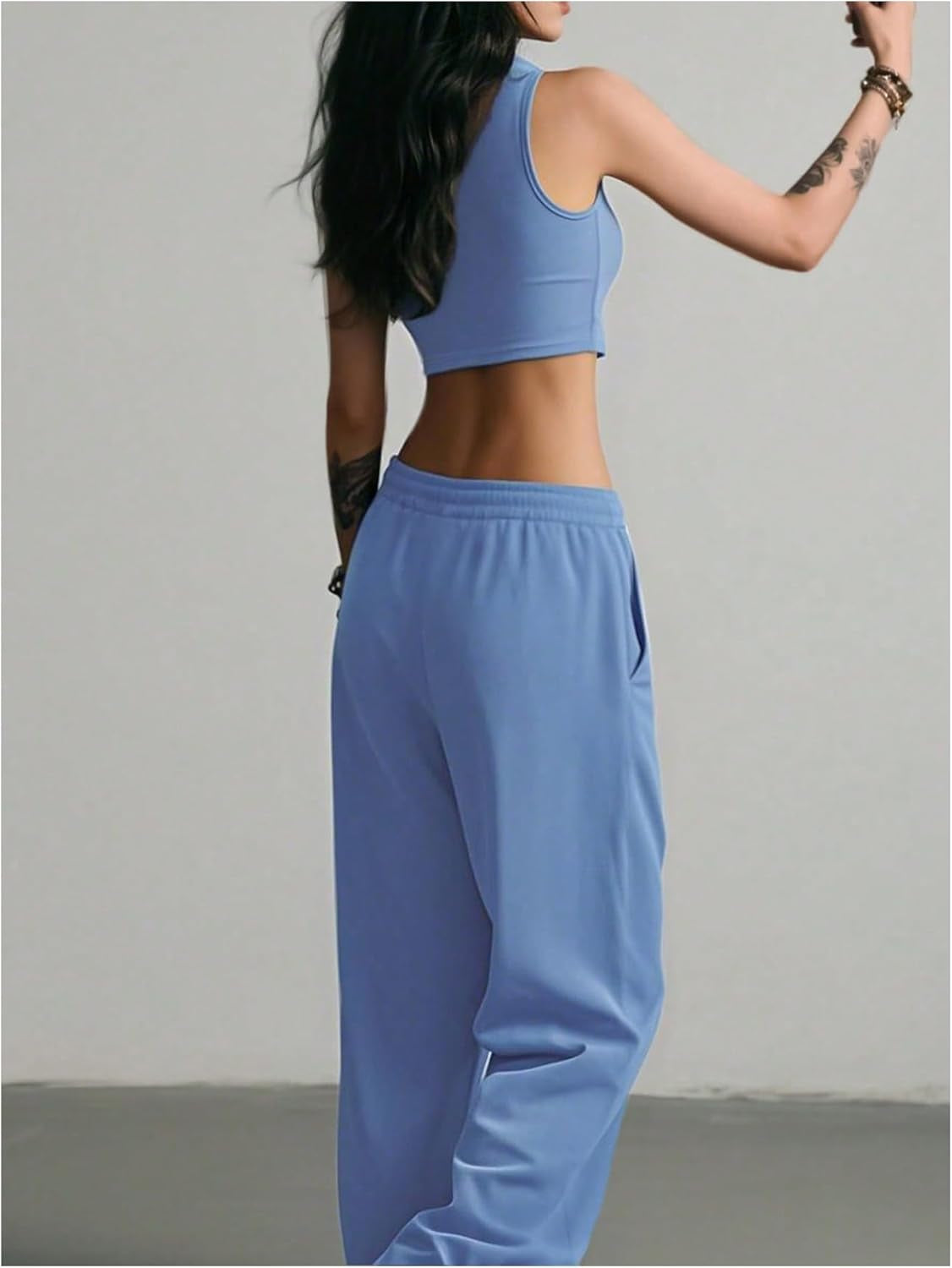 Elevate Your Comfort with Our Women's 2-Piece Blue Lounge Set: Stylish Crop Tank Top & Low Rise Baggy Sweatpants