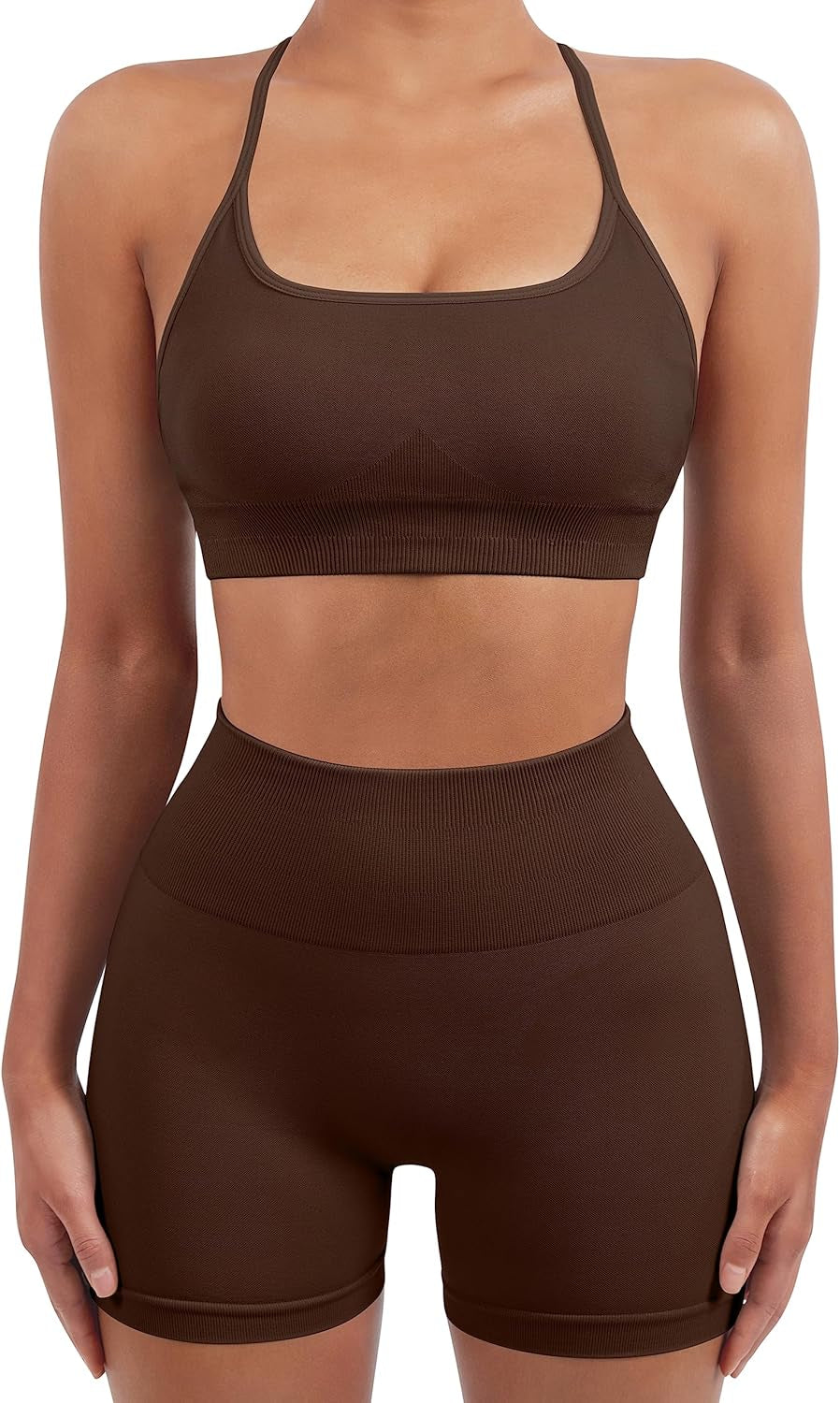 Women Seamless Workout Sets Strappy Sports Bra High Waist Booty Shorts Outfits