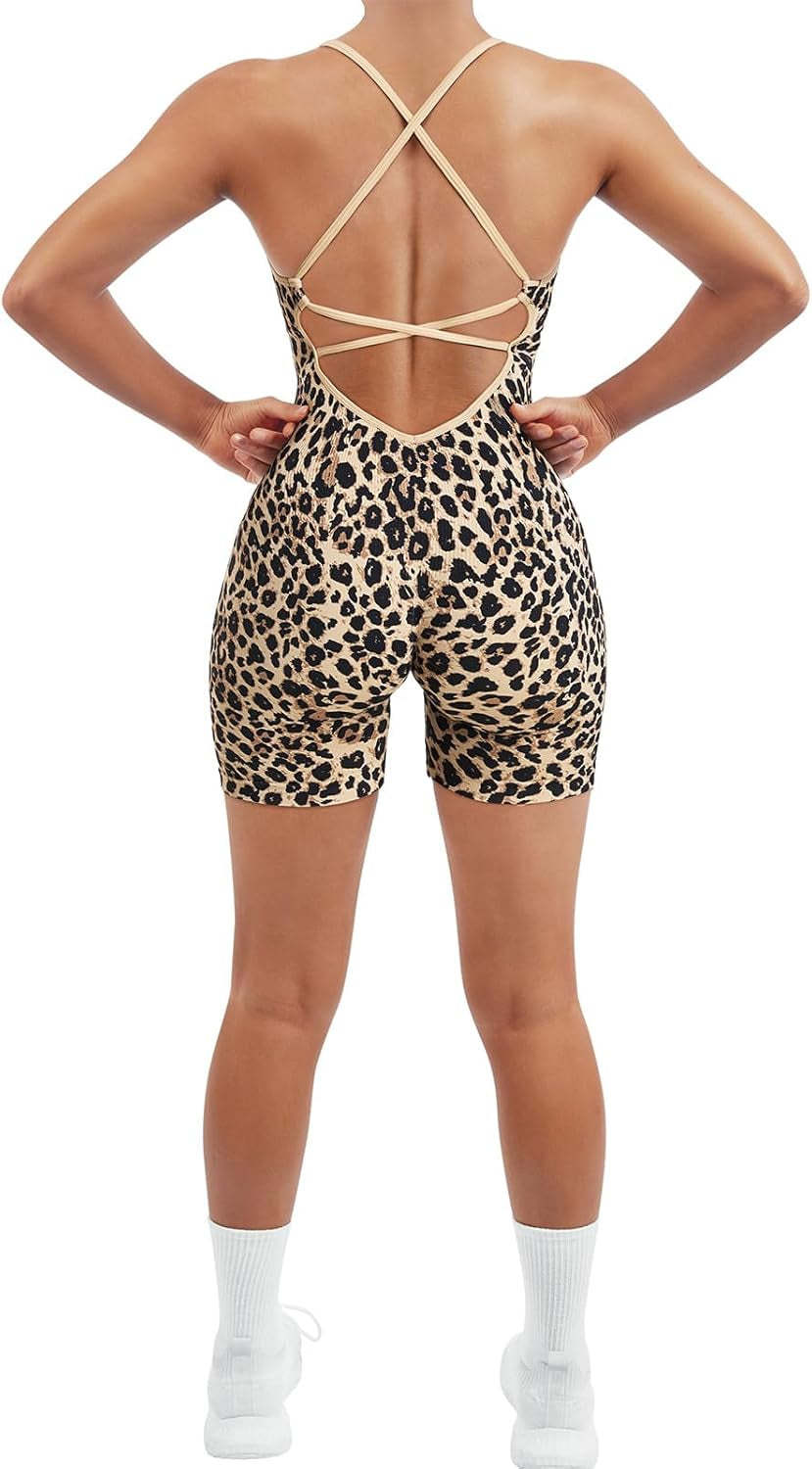 Women Strappy Romper Seamless Jumpsuit Tummy Control Padded Sports Bra