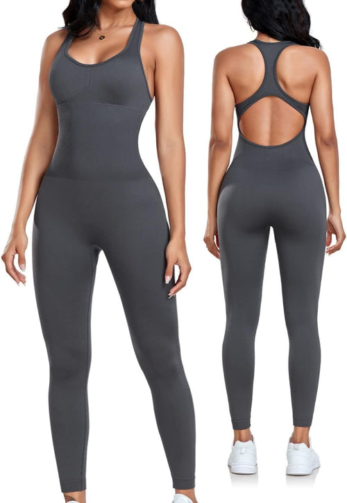 Elevate Your Workout Style with Our Women's Seamless Yoga Jumpsuit – Sexy Racerback, Tummy Control, and Built-in Bra for Ultimate Comfort