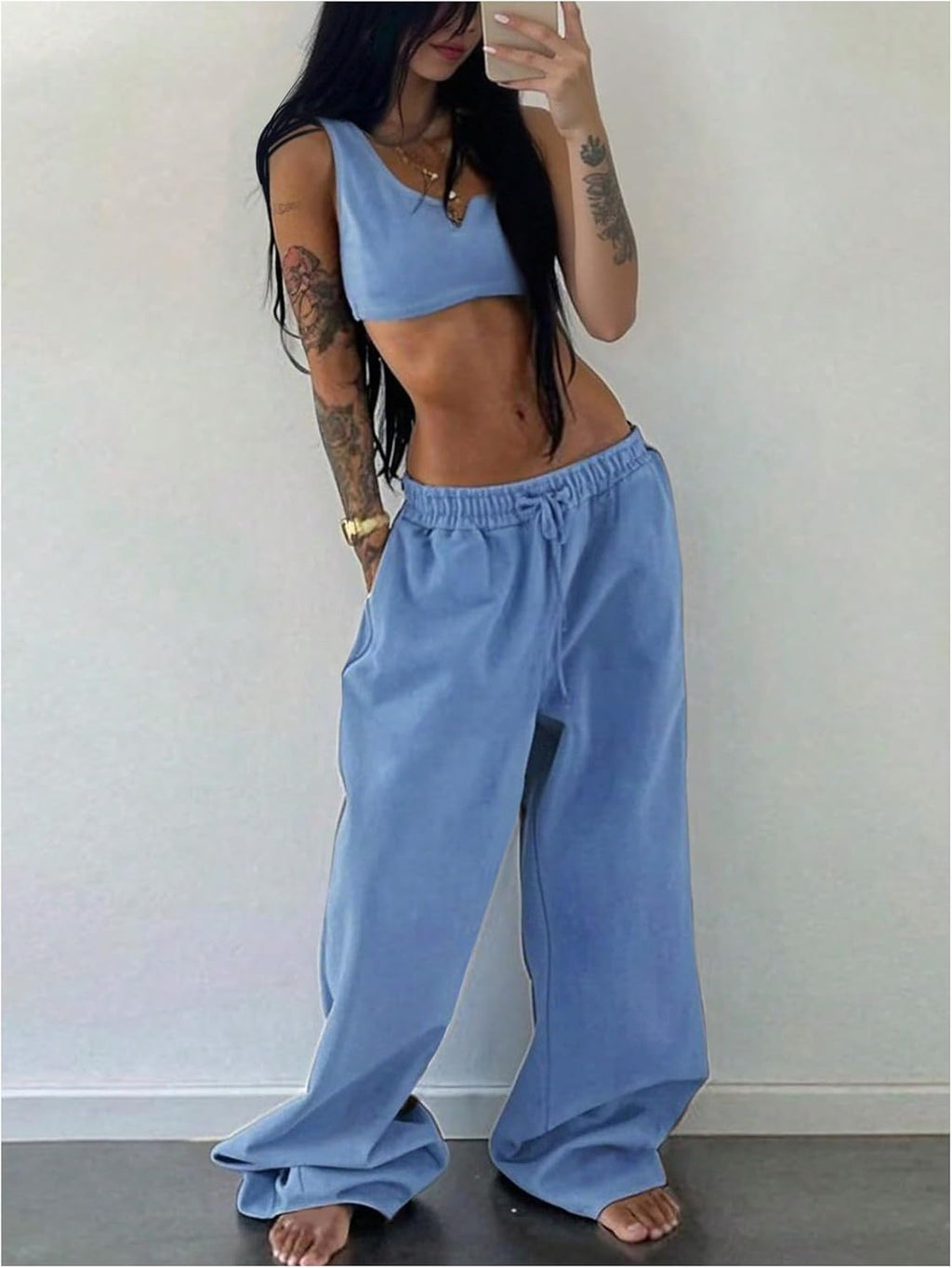 Elevate Your Comfort with Our Women's 2-Piece Blue Lounge Set: Stylish Crop Tank Top & Low Rise Baggy Sweatpants