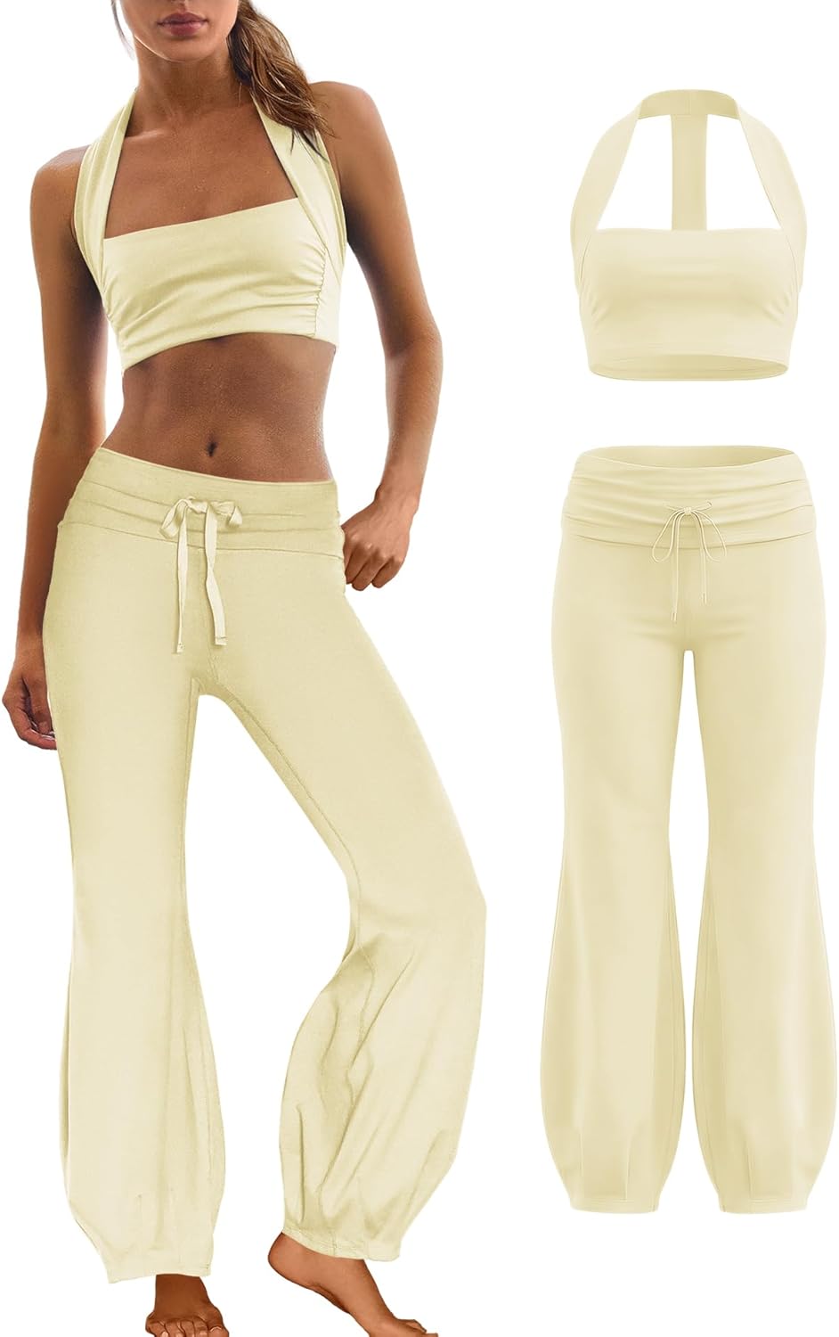 Elevate Your Workout with Our Stylish Light Yellow 2 Piece Yoga Set: Halter Sports Bra & Flare Leggings Ensemble