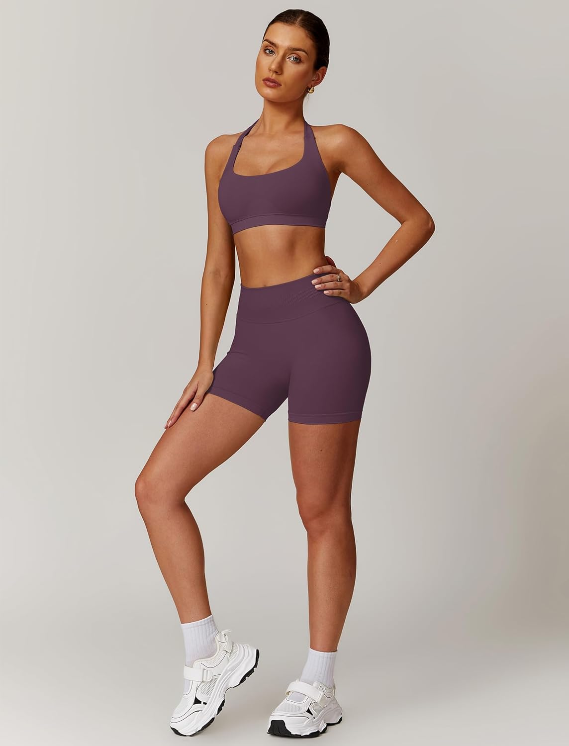 Elevate Your Workout Wardrobe with Our Plum 2-Piece Seamless Halter Sports Bra and Scrunch Butt Impact Shorts Set