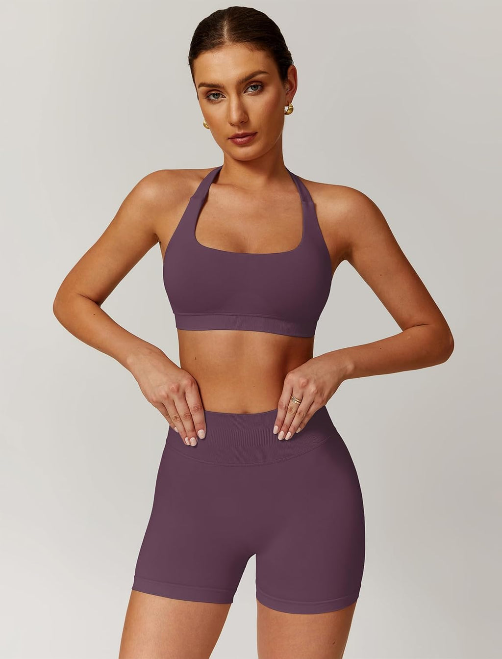 Elevate Your Workout Wardrobe with Our Plum 2-Piece Seamless Halter Sports Bra and Scrunch Butt Impact Shorts Set