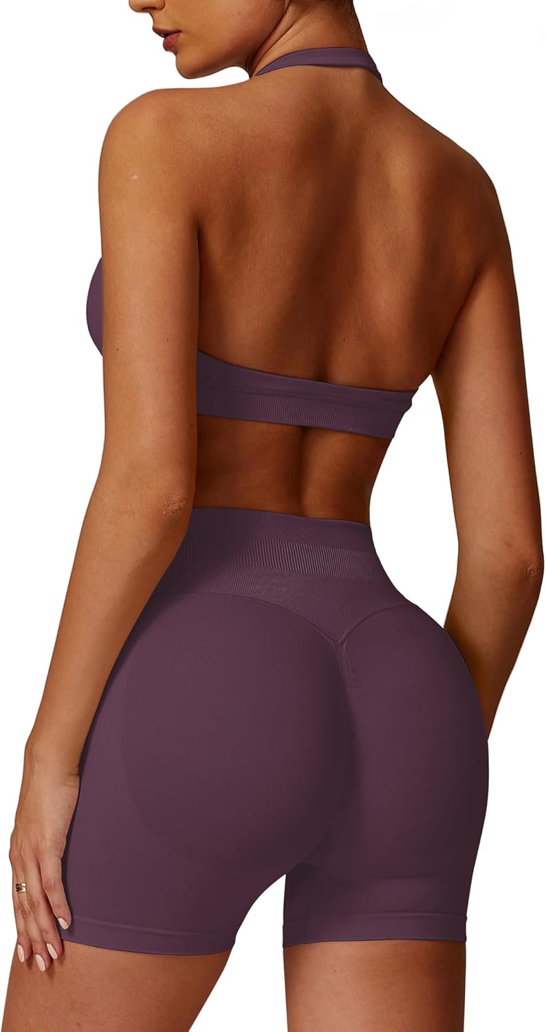 Elevate Your Workout Wardrobe with Our Plum 2-Piece Seamless Halter Sports Bra and Scrunch Butt Impact Shorts Set
