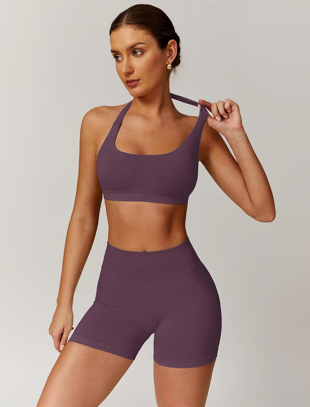Elevate Your Workout Wardrobe with Our Plum 2-Piece Seamless Halter Sports Bra and Scrunch Butt Impact Shorts Set