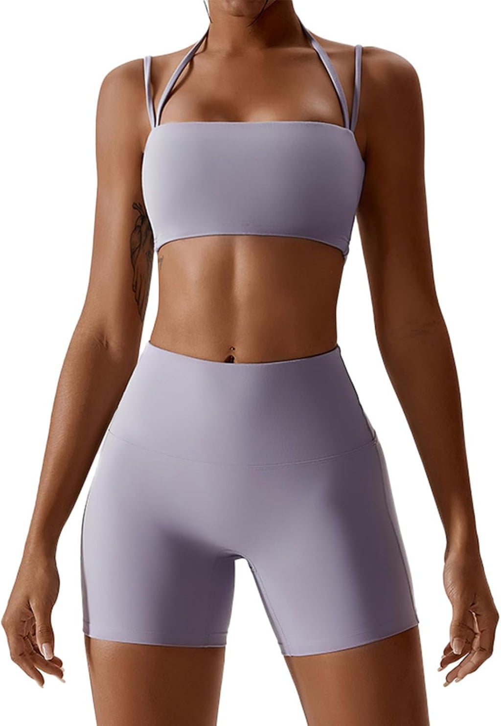 Elevate Your Workout with Our Stylish Women's 2-Piece Yoga Set Featuring High-Waisted Biker Shorts and Sports Bra in Grey