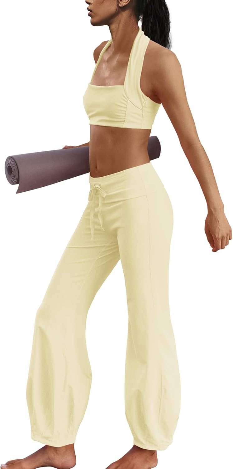 Elevate Your Workout with Our Stylish Light Yellow 2 Piece Yoga Set: Halter Sports Bra & Flare Leggings Ensemble