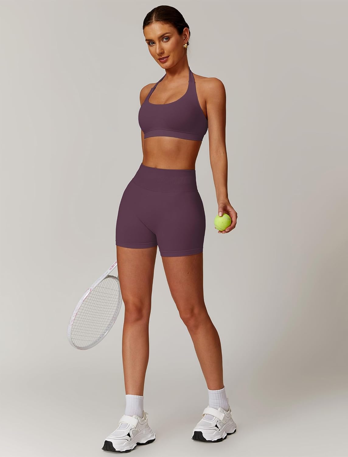 Elevate Your Workout Wardrobe with Our Plum 2-Piece Seamless Halter Sports Bra and Scrunch Butt Impact Shorts Set