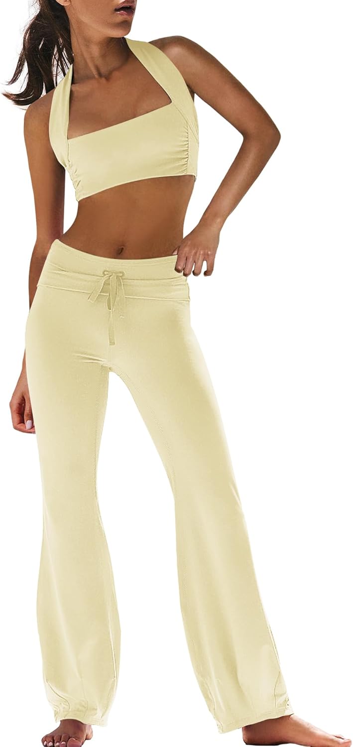 Elevate Your Workout with Our Stylish Light Yellow 2 Piece Yoga Set: Halter Sports Bra & Flare Leggings Ensemble