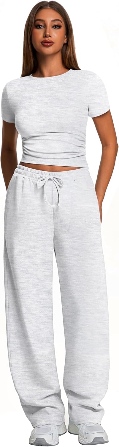 Elevate Your Style with Our 2 Piece Matching Summer Sweatsuit: Chic Grey Wide Leg Pants & Crop Top Set for Women