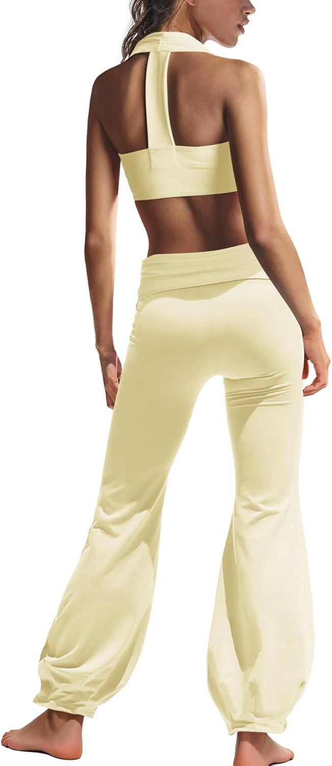 Elevate Your Workout with Our Stylish Light Yellow 2 Piece Yoga Set: Halter Sports Bra & Flare Leggings Ensemble