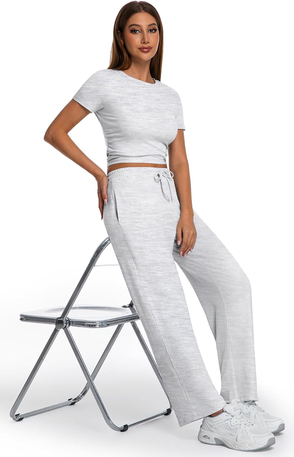 Elevate Your Style with Our 2 Piece Matching Summer Sweatsuit: Chic Grey Wide Leg Pants & Crop Top Set for Women