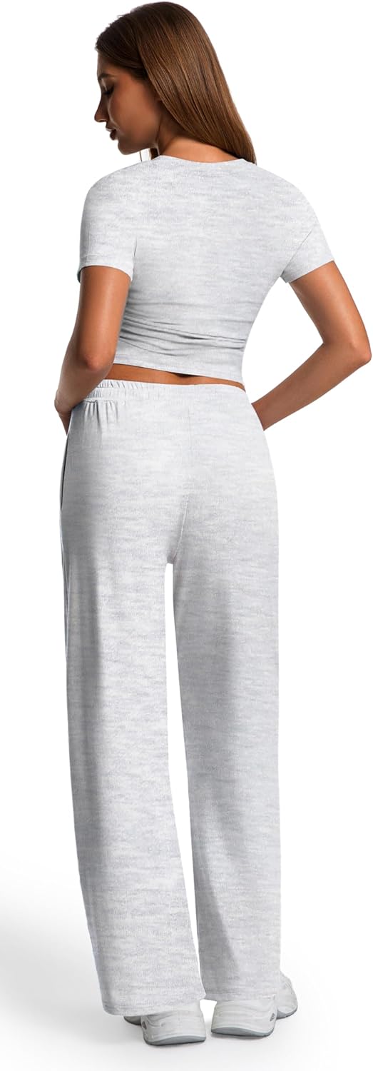 Elevate Your Style with Our 2 Piece Matching Summer Sweatsuit: Chic Grey Wide Leg Pants & Crop Top Set for Women