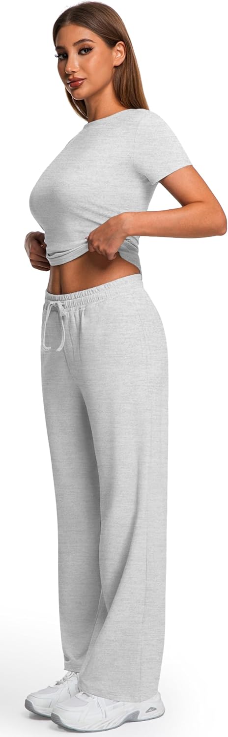 Elevate Your Style with Our 2 Piece Matching Summer Sweatsuit: Chic Grey Wide Leg Pants & Crop Top Set for Women
