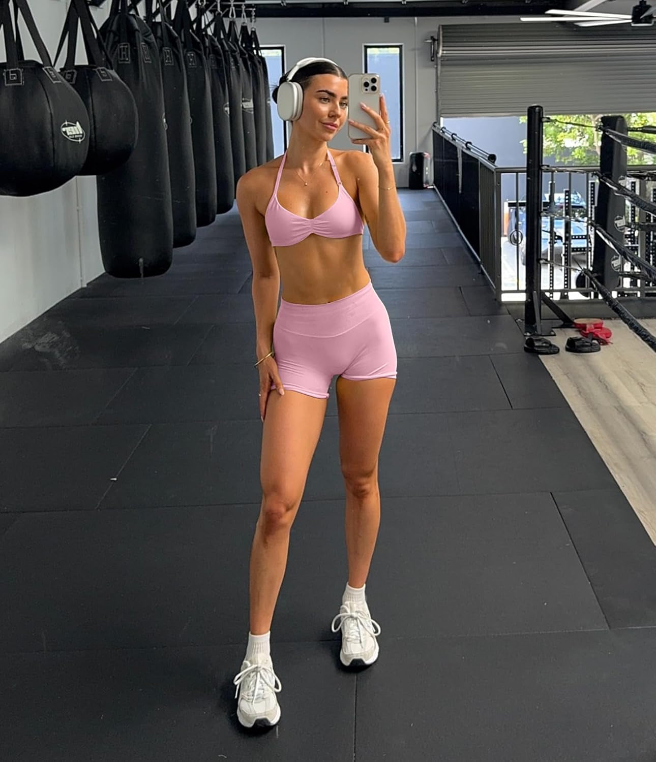 2 Piece Workout Sets for Women Halter Strappy Sports Bra with Seamless Ribbed Gym Yoga Shorts Outfits