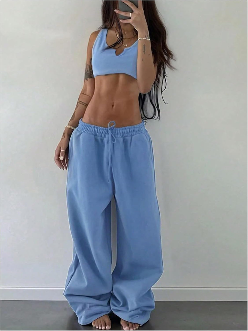 Elevate Your Comfort with Our Women's 2-Piece Blue Lounge Set: Stylish Crop Tank Top & Low Rise Baggy Sweatpants
