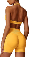 Workout Sets for Women 2 Piece Seamless Halter Sports Bra Scrunch Butt Impact Shorts Gym Yoga Outfits