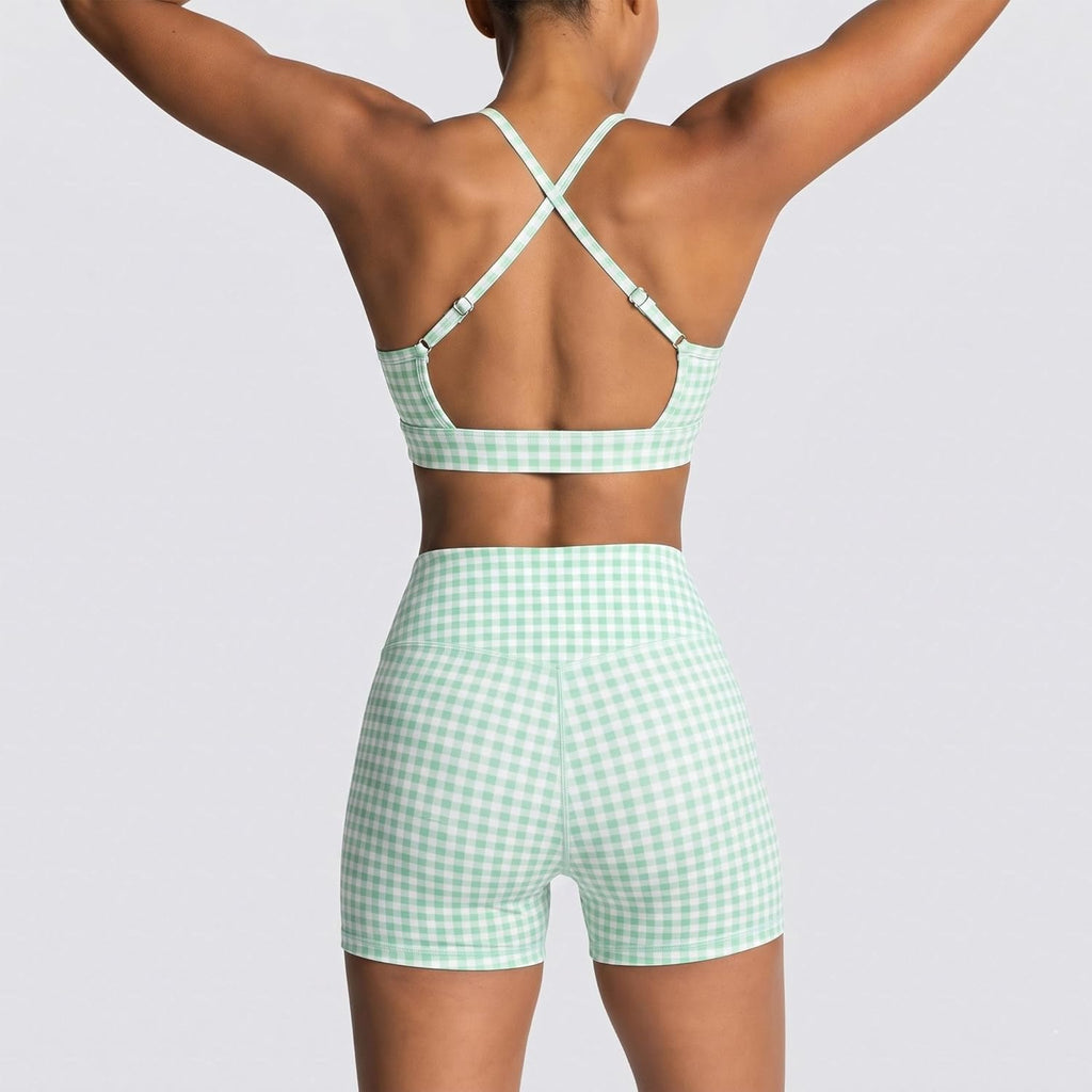 Elevate Your Workout with Our Stylish Women's Green Gingham 2-Piece Yoga Set - High Waisted Biker Shorts and Sports Bra for Ultimate Comfort and Performance