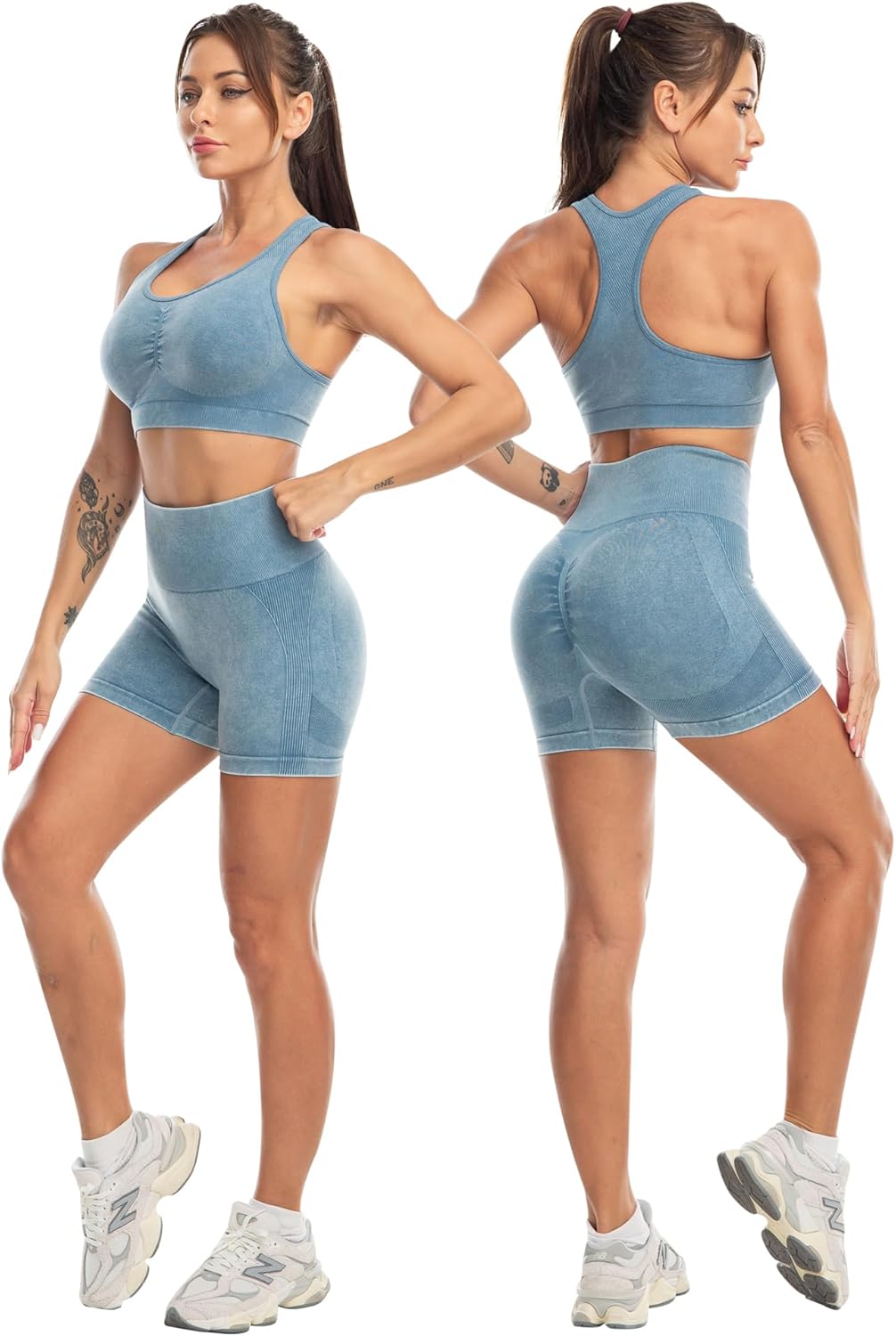 Elevate Your Workout with Our 3 Piece Women's Workout Set - Butt Lifting Leggings, High Impact Sports Bra, and Gym Shorts in Washed Blue