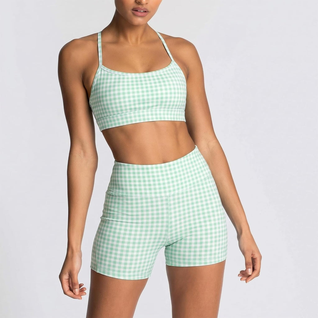 Elevate Your Workout with Our Stylish Women's Green Gingham 2-Piece Yoga Set - High Waisted Biker Shorts and Sports Bra for Ultimate Comfort and Performance