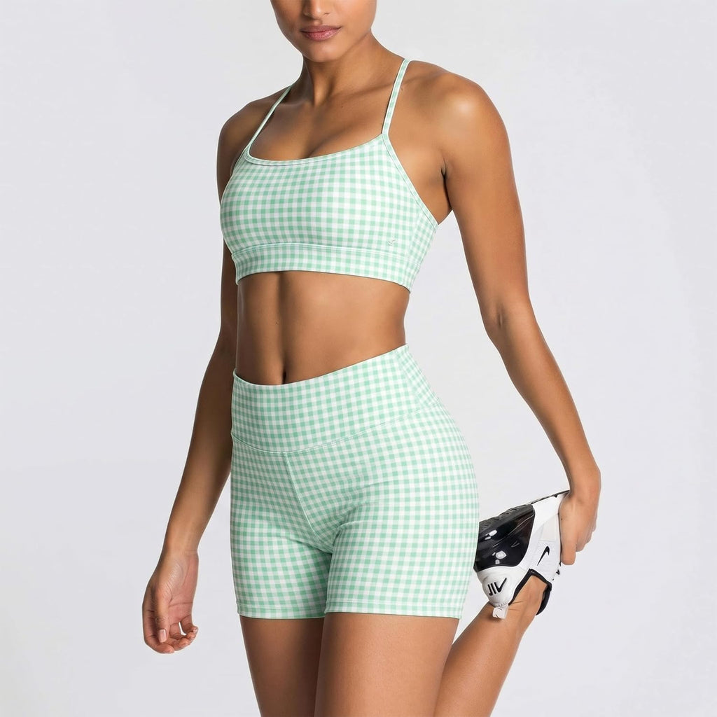 Elevate Your Workout with Our Stylish Women's Green Gingham 2-Piece Yoga Set - High Waisted Biker Shorts and Sports Bra for Ultimate Comfort and Performance