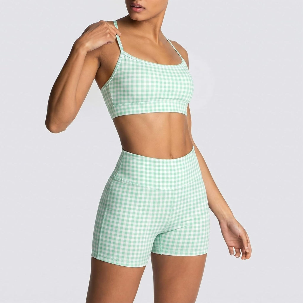 Elevate Your Workout with Our Stylish Women's Green Gingham 2-Piece Yoga Set - High Waisted Biker Shorts and Sports Bra for Ultimate Comfort and Performance