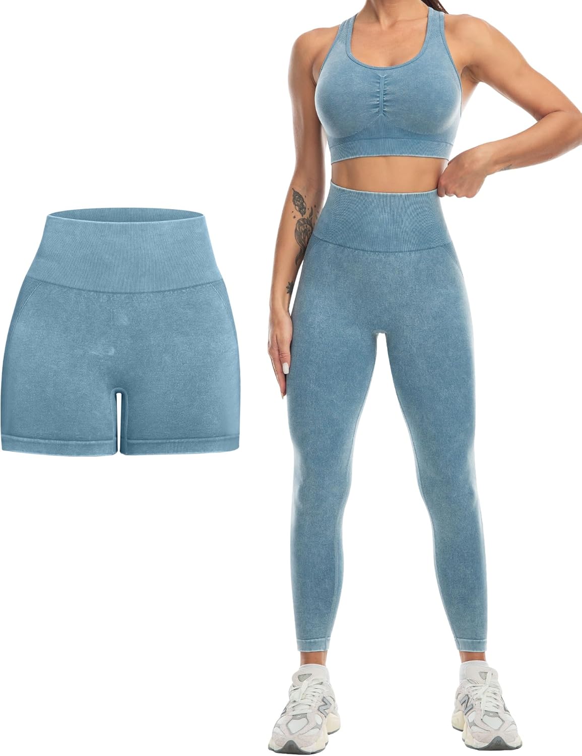 Elevate Your Workout with Our 3 Piece Women's Workout Set - Butt Lifting Leggings, High Impact Sports Bra, and Gym Shorts in Washed Blue