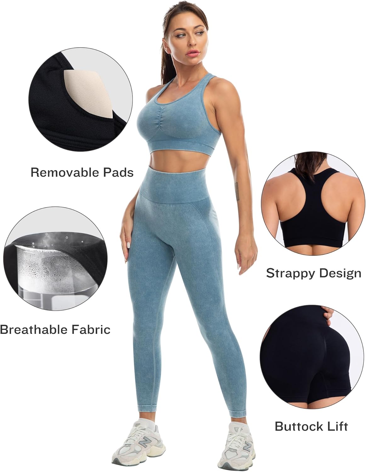 Elevate Your Workout with Our 3 Piece Women's Workout Set - Butt Lifting Leggings, High Impact Sports Bra, and Gym Shorts in Washed Blue