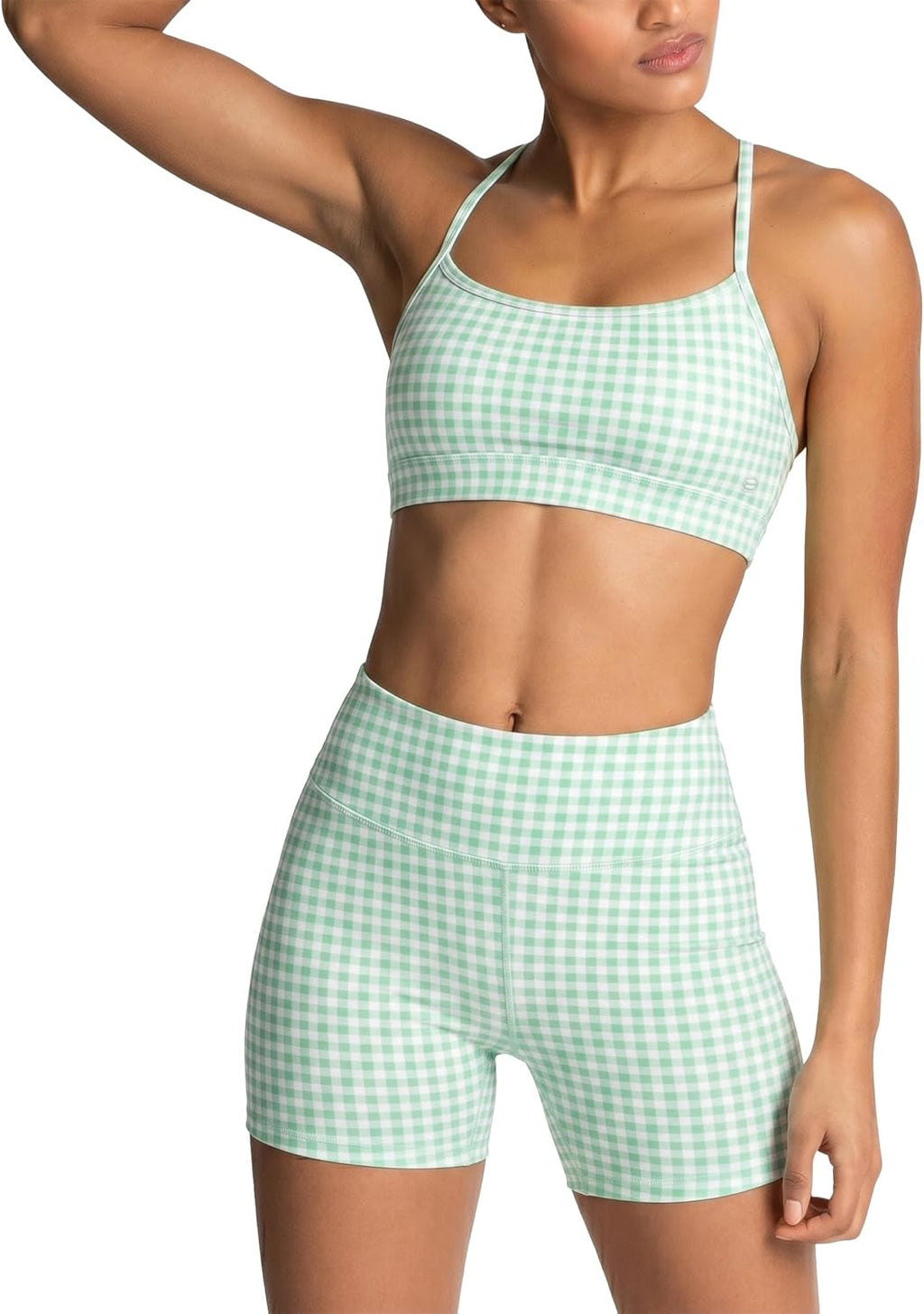 Elevate Your Workout with Our Stylish Women's Green Gingham 2-Piece Yoga Set - High Waisted Biker Shorts and Sports Bra for Ultimate Comfort and Performance