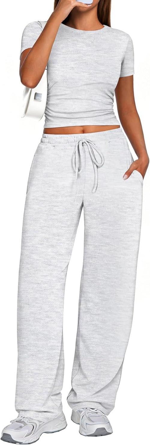 Elevate Your Style with Our 2 Piece Matching Summer Sweatsuit: Chic Grey Wide Leg Pants & Crop Top Set for Women
