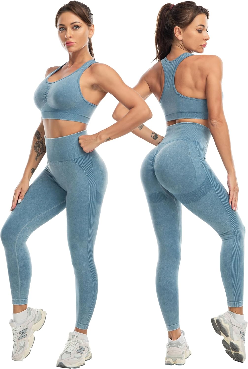 Elevate Your Workout with Our 3 Piece Women's Workout Set - Butt Lifting Leggings, High Impact Sports Bra, and Gym Shorts in Washed Blue