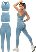 Elevate Your Workout with Our 3 Piece Women's Workout Set - Butt Lifting Leggings, High Impact Sports Bra, and Gym Shorts in Washed Blue