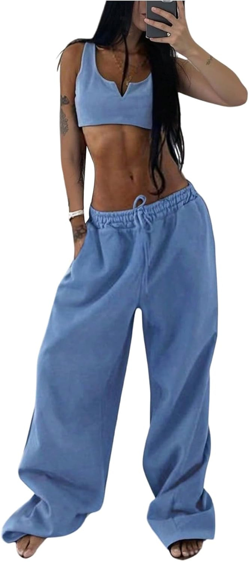Elevate Your Comfort with Our Women's 2-Piece Blue Lounge Set: Stylish Crop Tank Top & Low Rise Baggy Sweatpants