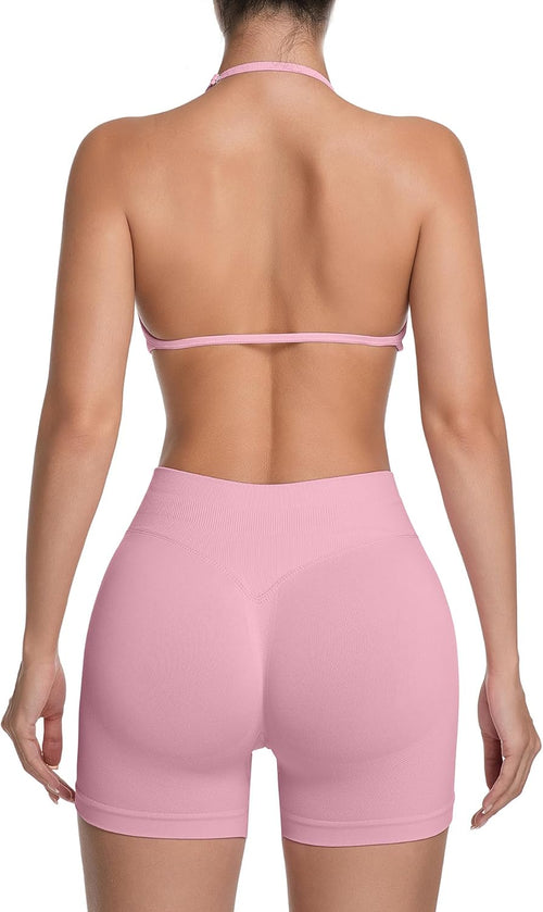 2 Piece Workout Sets for Women Halter Strappy Sports Bra with Seamless Ribbed Gym Yoga Shorts Outfits