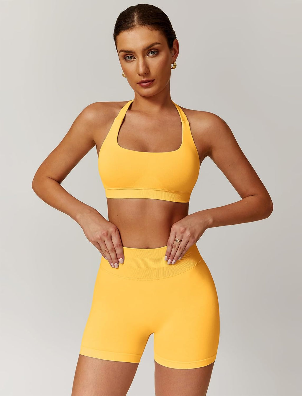 Workout Sets for Women 2 Piece Seamless Halter Sports Bra Scrunch Butt Impact Shorts Gym Yoga Outfits