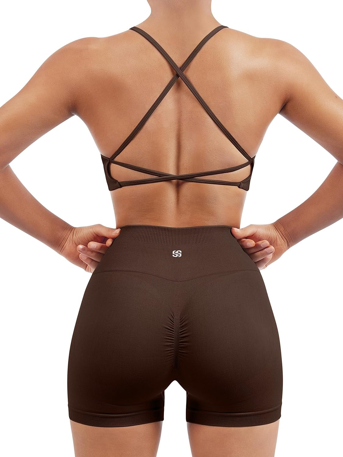 Women Seamless Workout Sets Strappy Sports Bra High Waist Booty Shorts Outfits
