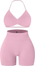 2 Piece Workout Sets for Women Halter Strappy Sports Bra with Seamless Ribbed Gym Yoga Shorts Outfits