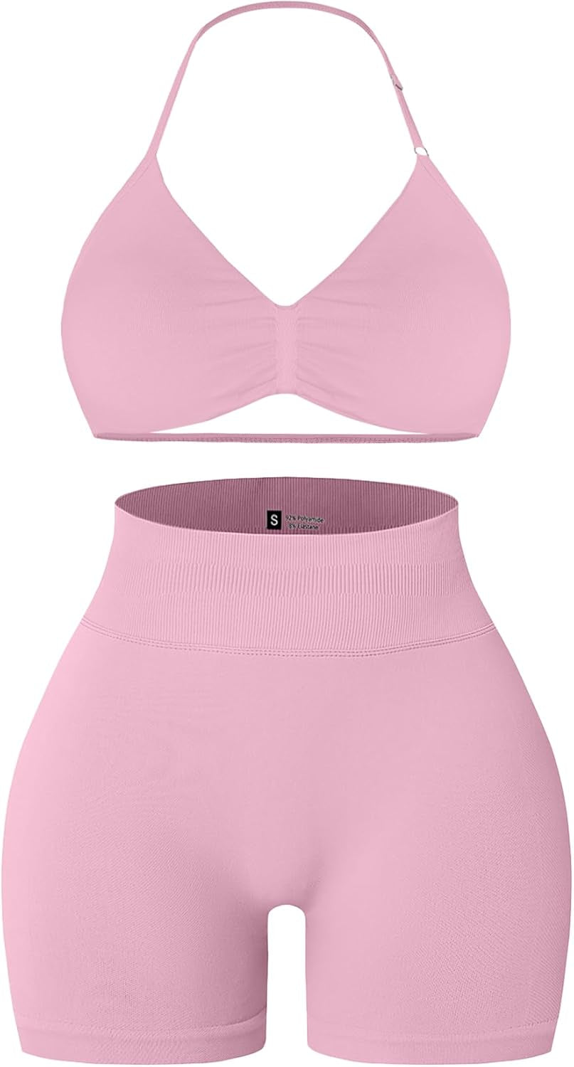 2 Piece Workout Sets for Women Halter Strappy Sports Bra with Seamless Ribbed Gym Yoga Shorts Outfits