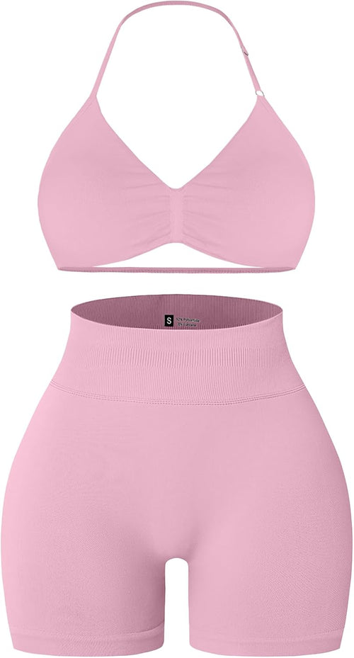 2 Piece Workout Sets for Women Halter Strappy Sports Bra with Seamless Ribbed Gym Yoga Shorts Outfits