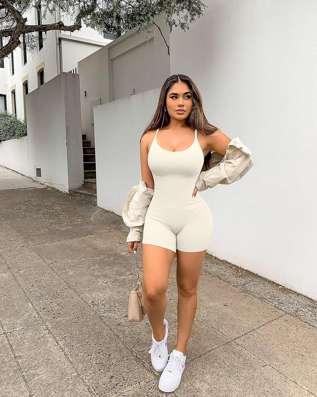 Women Workout Seamless Jumpsuit Yoga Ribbed Bodycon One Piece Spaghetti Strap Shorts Romper