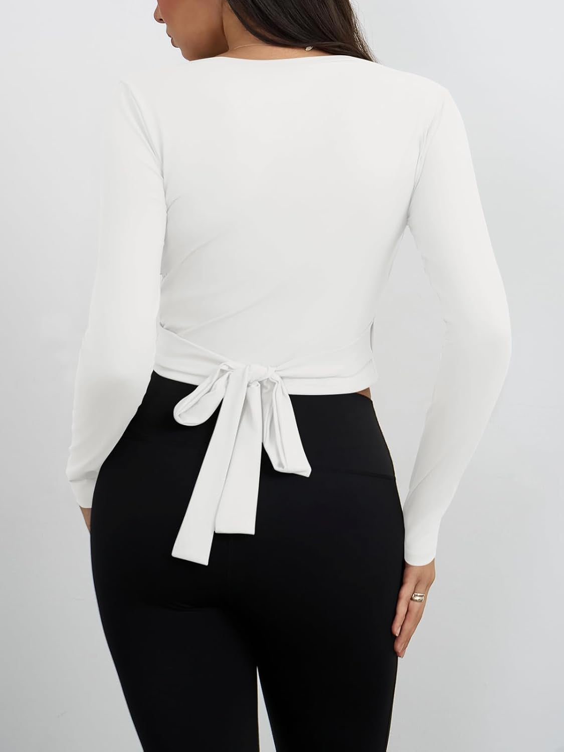 Womens Wrap Tie Tops Y2K Long Sleeve Ballet Pilates Yoga Workout Wrap Shirts Deep V Neck Casual Tops