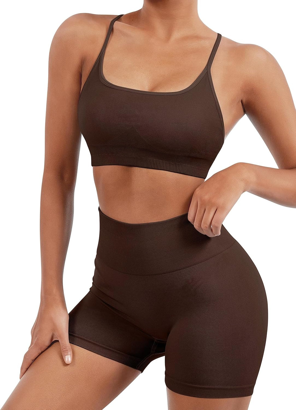 Women Seamless Workout Sets Strappy Sports Bra High Waist Booty Shorts Outfits