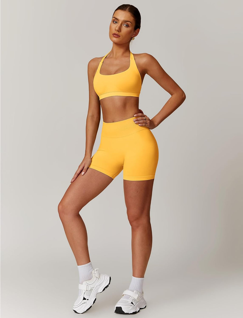 Workout Sets for Women 2 Piece Seamless Halter Sports Bra Scrunch Butt Impact Shorts Gym Yoga Outfits